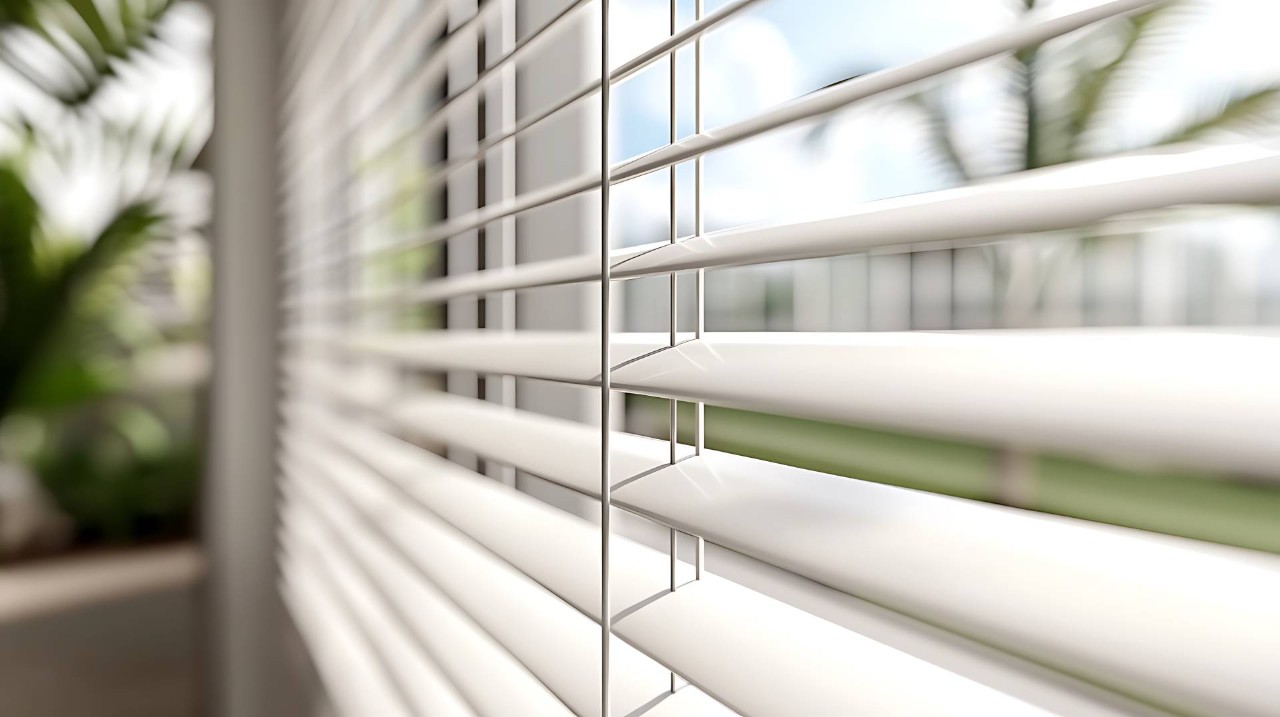 White window blinds covering a living room window near Saint George, Utah