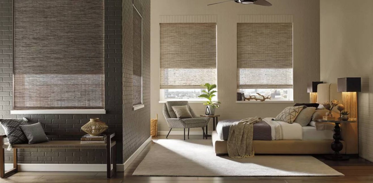Hunter Douglas woven wood shades in a bedroom near Saint George, UT