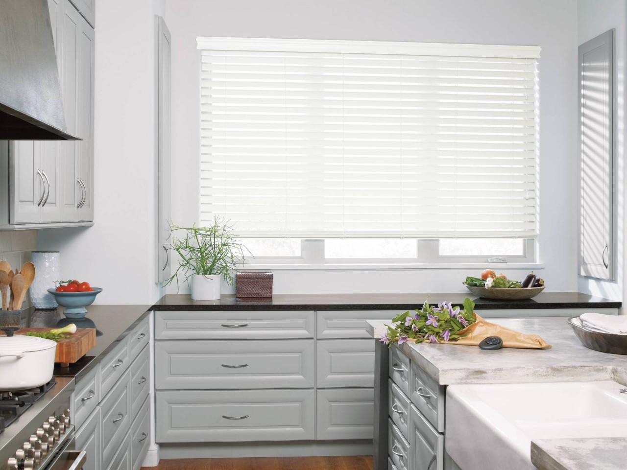 Hunter Douglas faux wood blinds in a kitchen near Saint George, UT